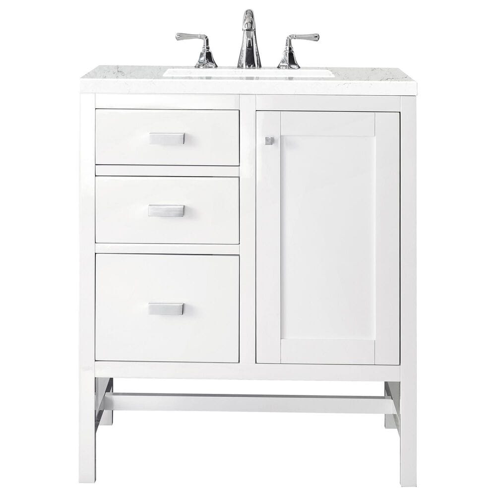 James Martin Addison 30" Single Bathroom Vanity in Glossy White with 3 cm Eternal Jasmine Pearl Quartz Top and Rectangular Sink, , large