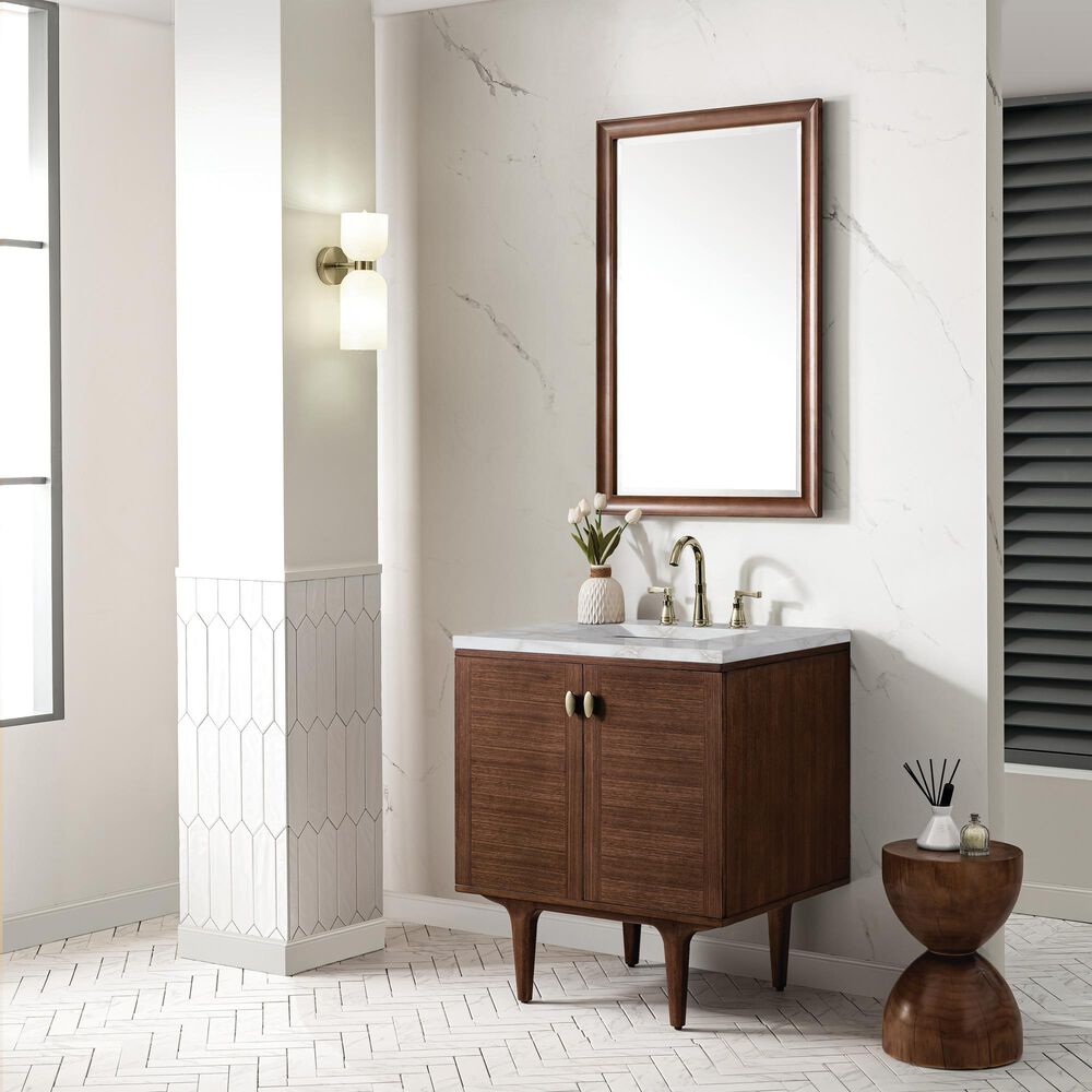 James Martin Vanities Amberly 30&quot; Single Bathroom Vanity in Mid-Century Walnut with 3 cm Victorian Silver Quartz Top and Rectangular Sink, , large