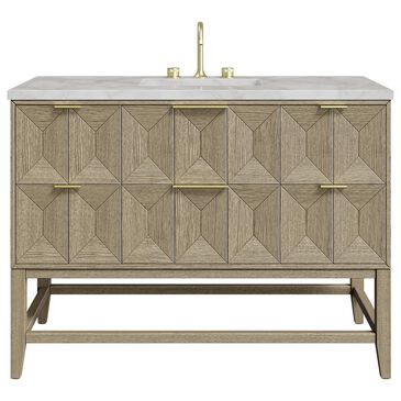 James Martin Emmeline 48" Single Bathroom Vanity in Pebble Oak with 3 cm Parisien Bleu Quartz Top, Rectangle Sink and FreePower Wireless Charger, , large