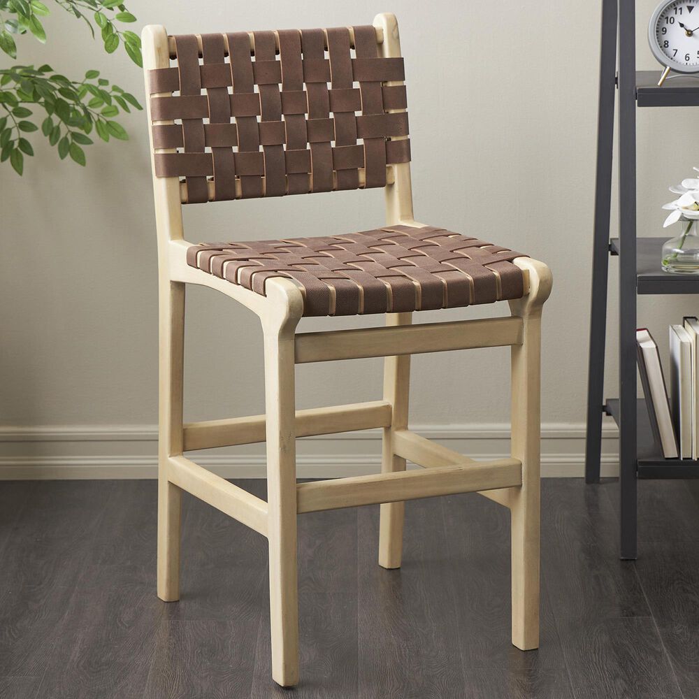 Maple and Jade Handmade Woven Kitchen Bar Stool with Brown Cushion in Light Brown, , large