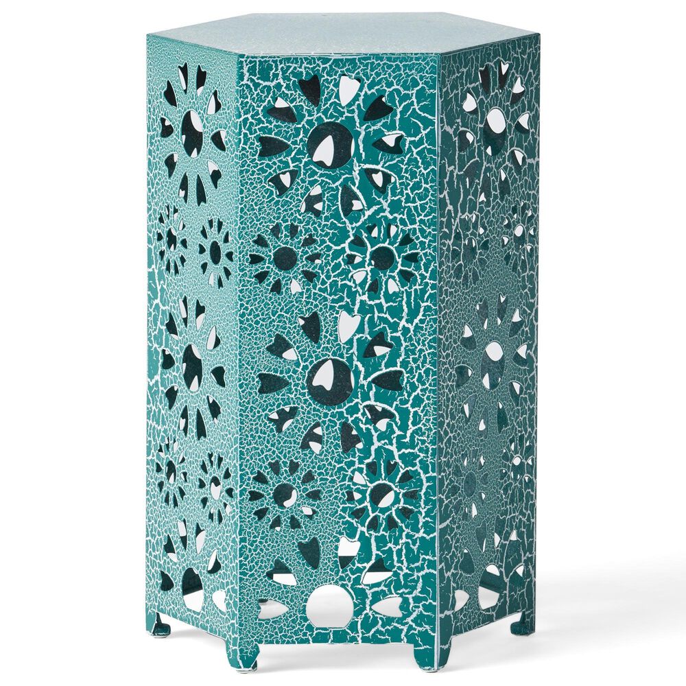 Hearth and Haven Eliana 2-Piece Outdoor Hexagon Metal Side Table Set with Sunburst Cut Out Design in Teal, , large