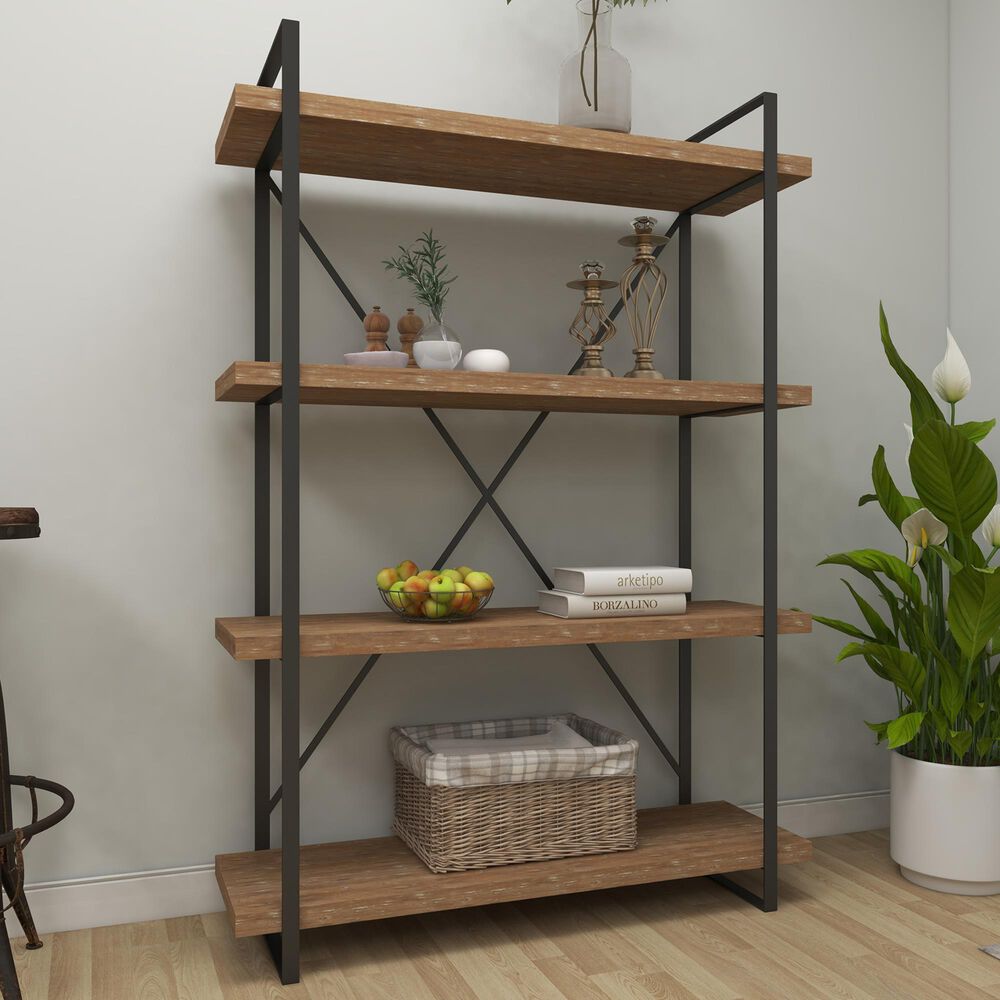 Maple and Jade 4-Shelf Industrial Shelving Unit in Rustic Distressed Brown and Black, , large