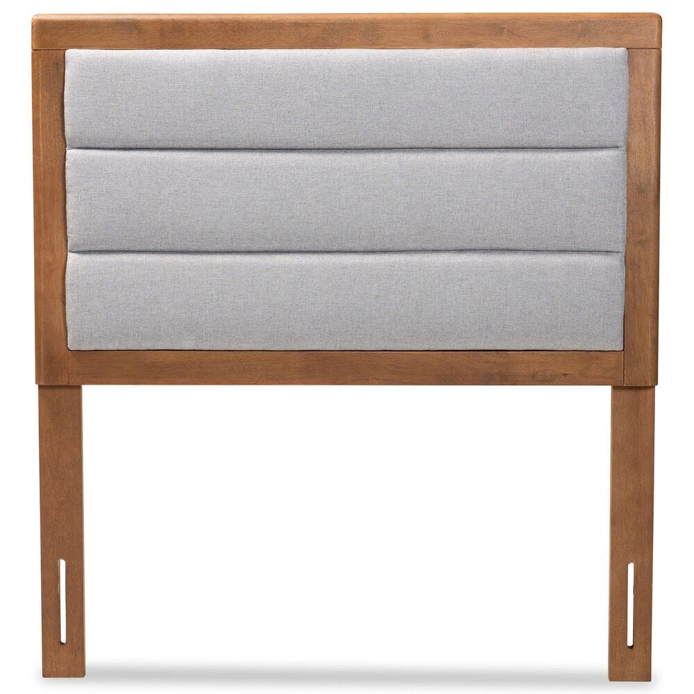 Baxton Studio Dexter Twin Panel Headboard with Light Grey Fabric in Walnut Brown, , large