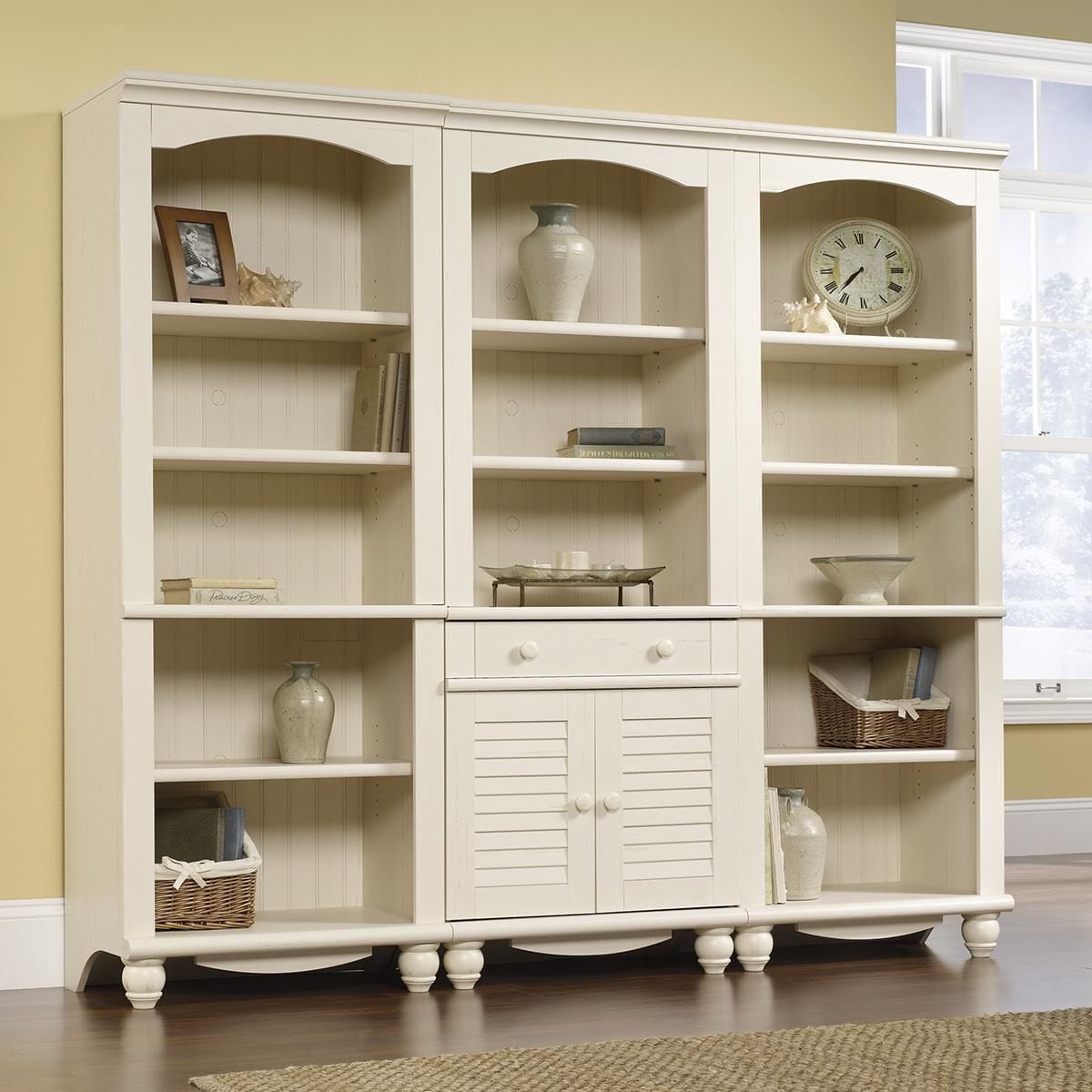 Sauder Harbor View 5 Shelf Library in Antiqued White NFM