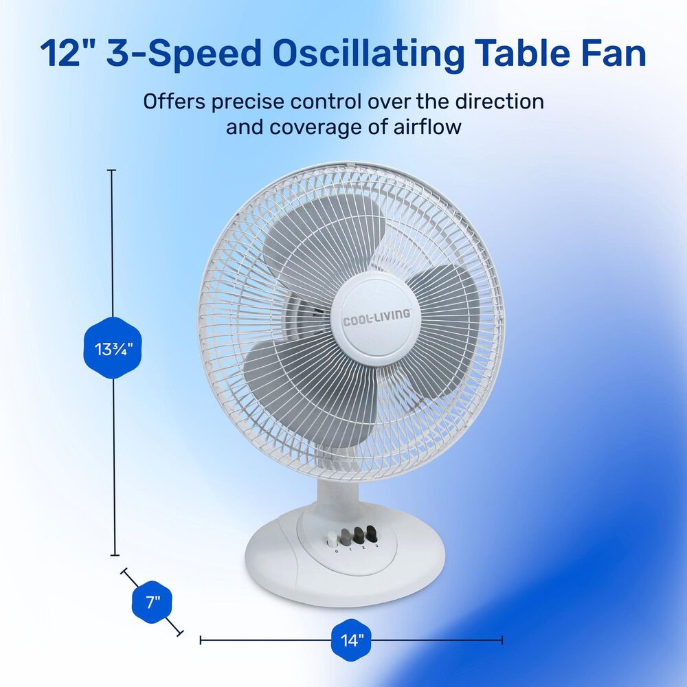 Cool-Living 12&quot; 3-Speed Oscillating Table Fan in White, , large