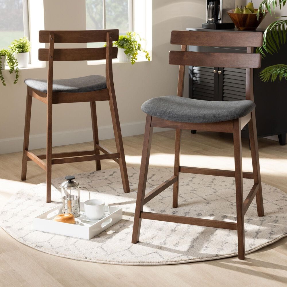 Baxton Studio Larine Counter Stool with Dark Grey Cushion in Walnut (Set of 2), , large