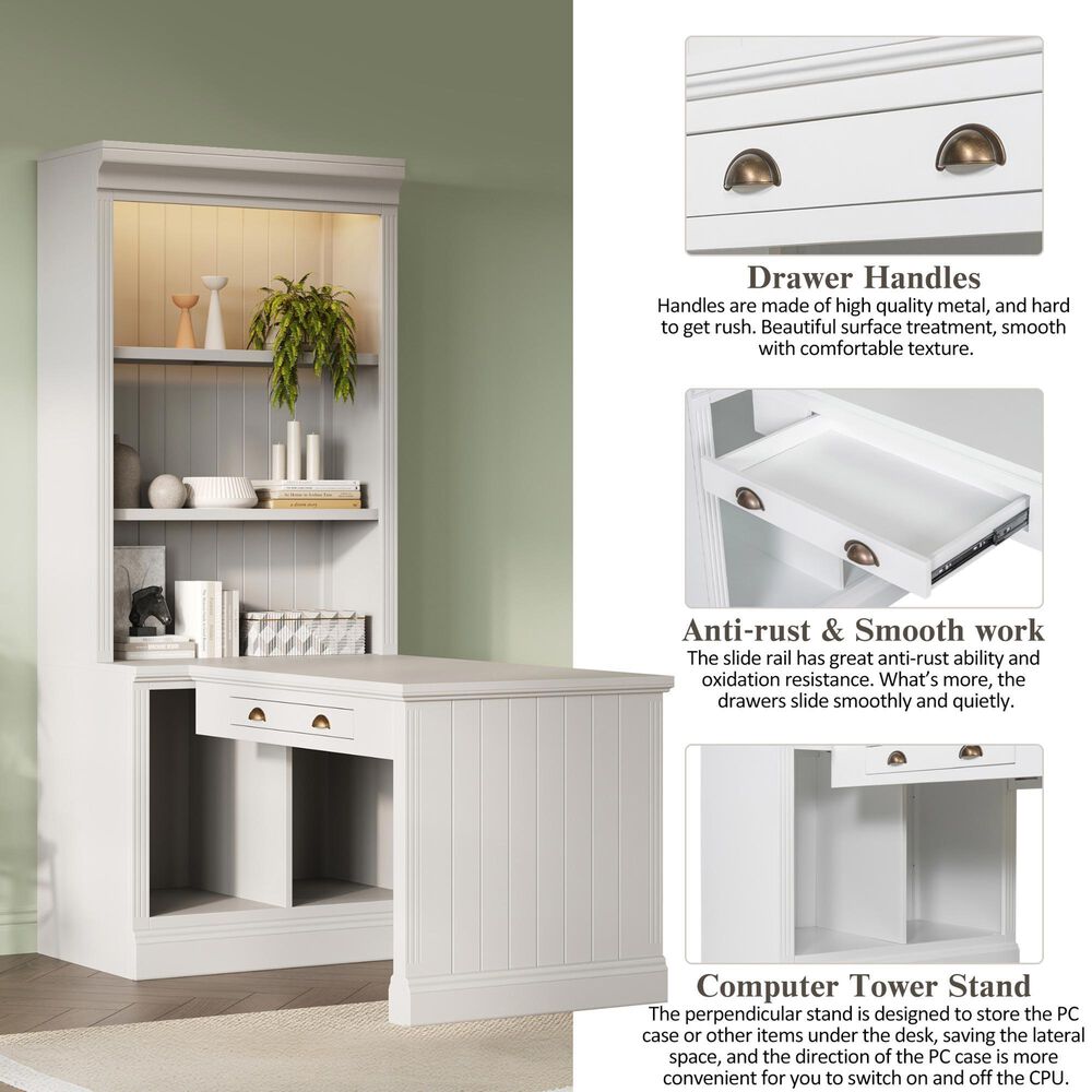 Hearth and Haven Writing Desk with Open Bookshelf and LED Lighting in White, , large