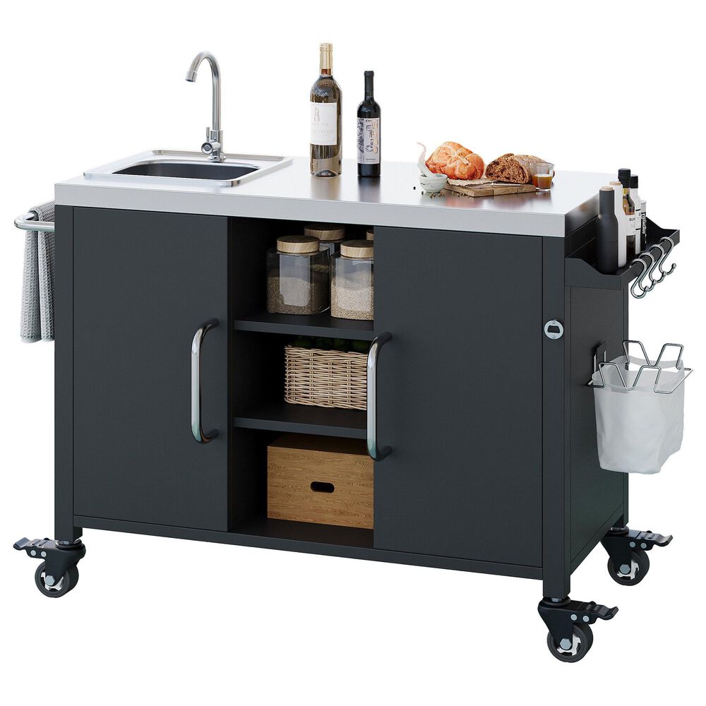 HOMLUX 55.5" Outdoor Kitchen Island with Sink in Black and Stainless Steel, , large
