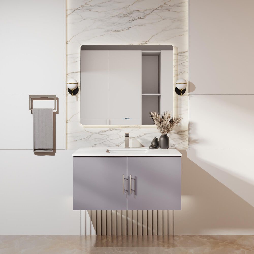 Lexora Home Geneva 36" Single Bathroom Vanity in Dark Grey with 2 cm White Cultured Marble Top and Rectangular Sink, , large