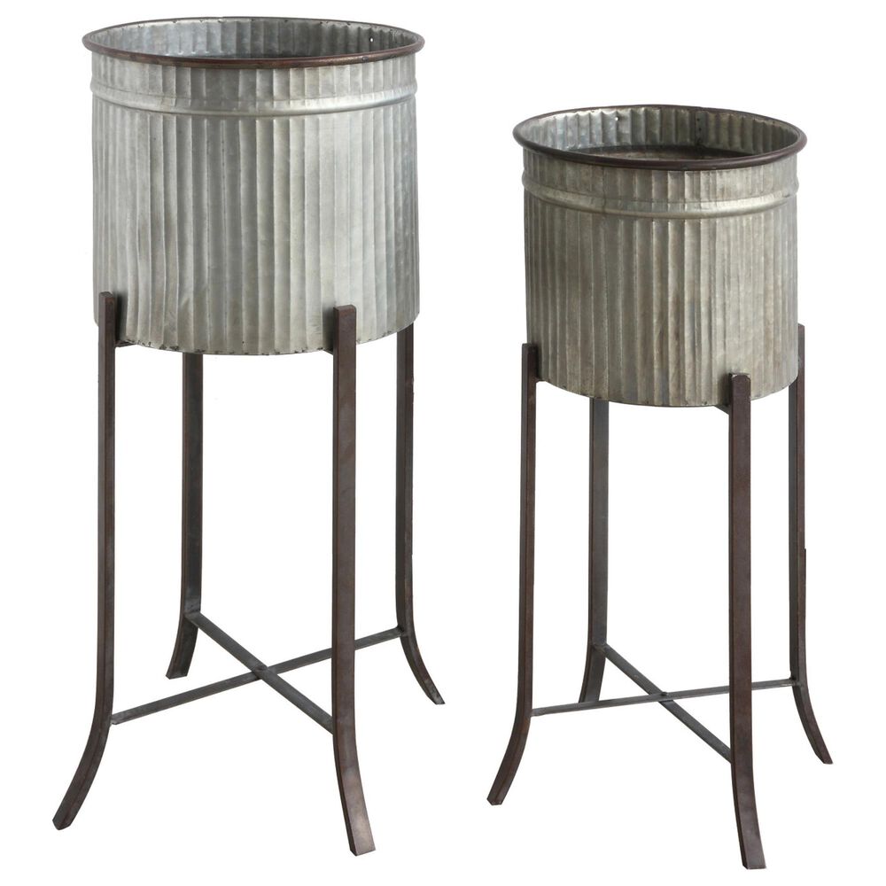 Creative Coop 2-Piece Round Corrugated Metal Planter on Stand Set in Silver and Black, , large