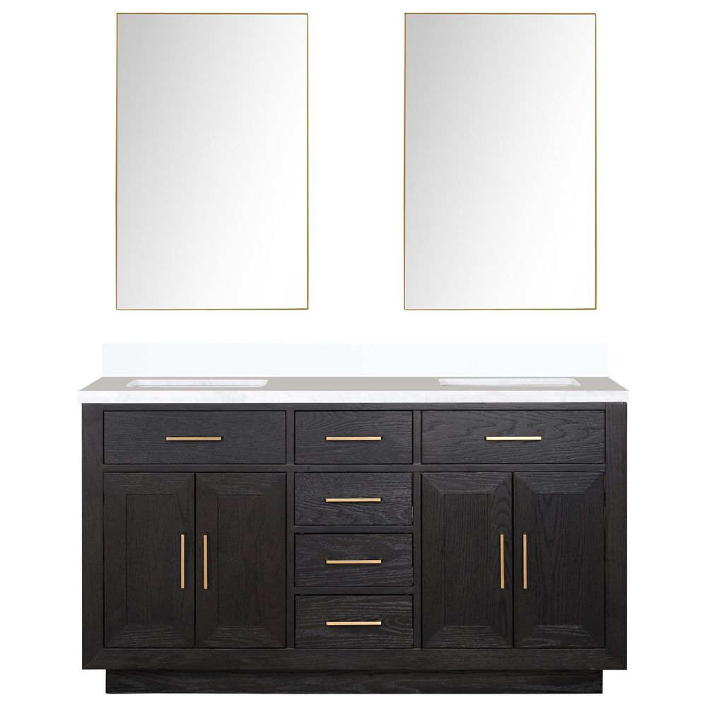 Lexora Home Abbey 60&quot; Double Bathroom Vanity in Brown Oak with 2 cm White Quartz Top, Rectangular Sinks and 28&quot; Mirrors, , large