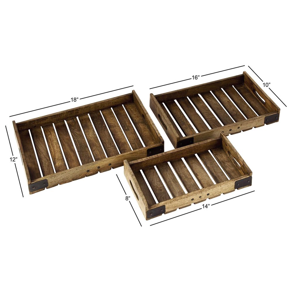 Maple and Jade Farmhouse Wood Slat Tray in Brown &#40;Set of 3&#41;, , large