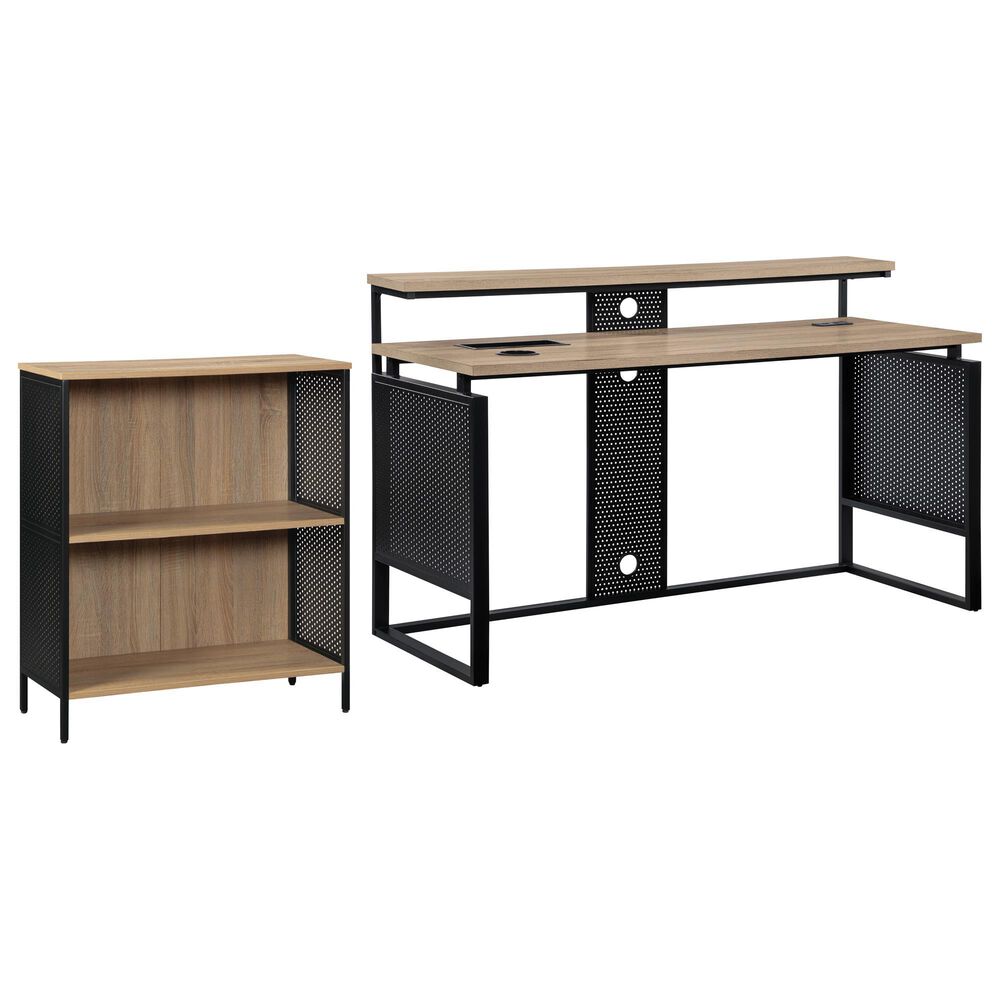 OSP Home Ace 2-Piece Desk with Hutch and Bookcase in River Oak and Black, , large