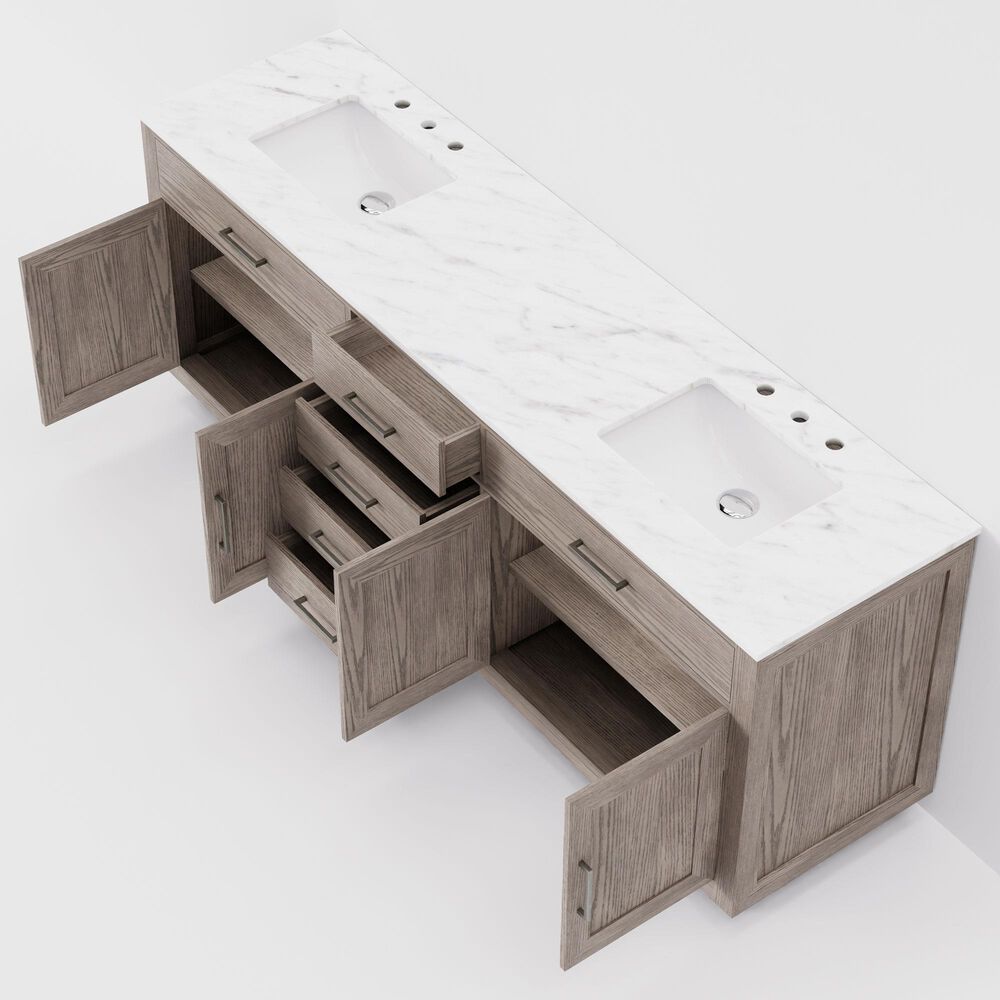 Lexora Home Abbey 84&quot; Double Bathroom Vanity in Grey Oak with 2 cm White Carrara Marble Top and Rectangular Sinks, , large
