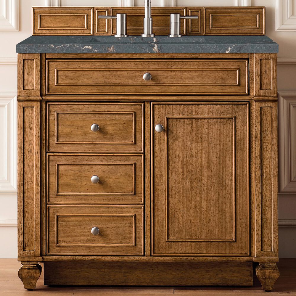 James Martin Vanities Bristol 36&quot; Single Bathroom Vanity in Saddle Brown with 3 cm Parisien Bleu Quartz Top and Rectangular Sink, , large