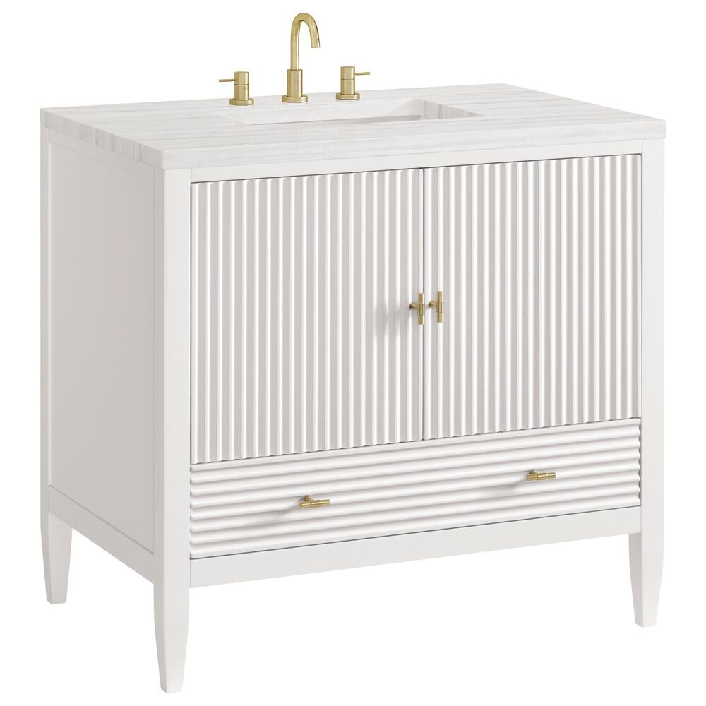 James Martin Vanities Myrrin 36" Vanity in Bright White with 3 cm Arctic Fall Solid Surface Top, , large