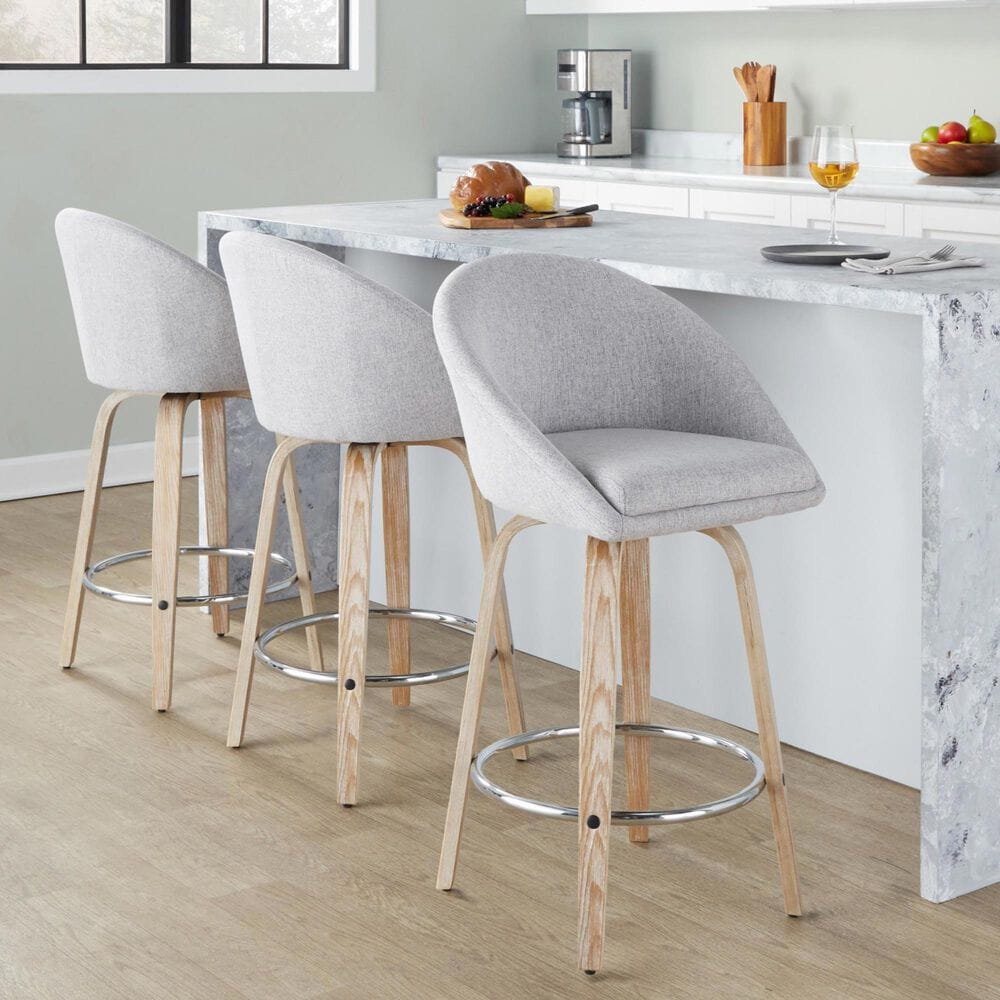 LumiSource Matisse 26" Swivel Counter Stool with Grey Fabric Upholstery in Whitewashed and Chrome (Set of 2), , large