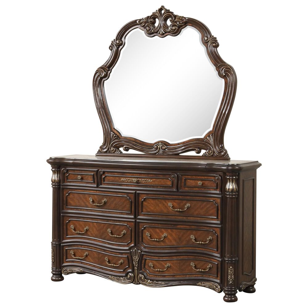 New Heritage Design Bella Note 5-Piece King Sleigh Bedroom Set in Mahogany Brown and Antique Gold, , large
