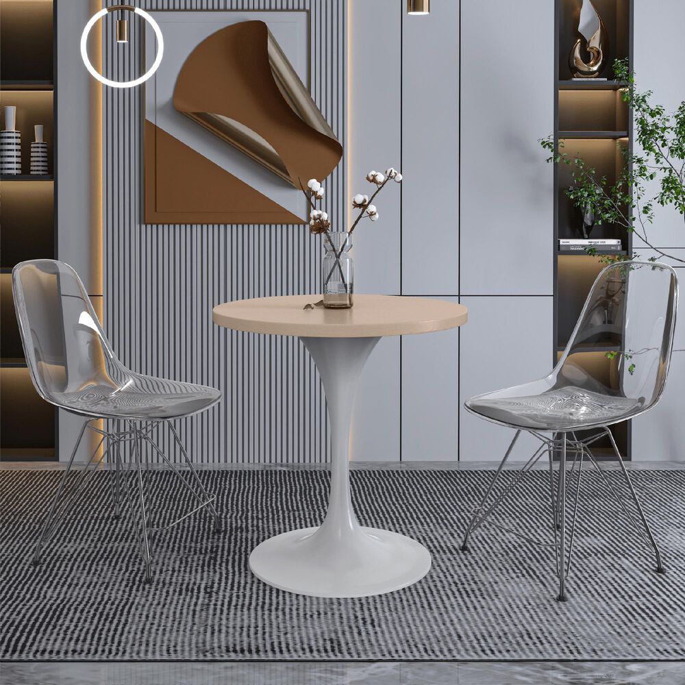 Leisuremod LeisureMod Verve Collection 27 Round Dining Table, White Base with Light Natural Wood MDF Top, , large