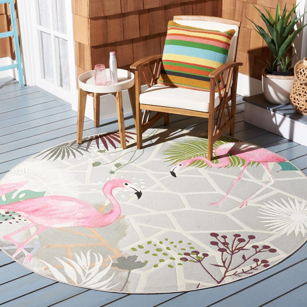 Safavieh Barbados Tropical Flamingo 5'3" Round Grey and Pink Indoor/Outdoor Area Rug, , large