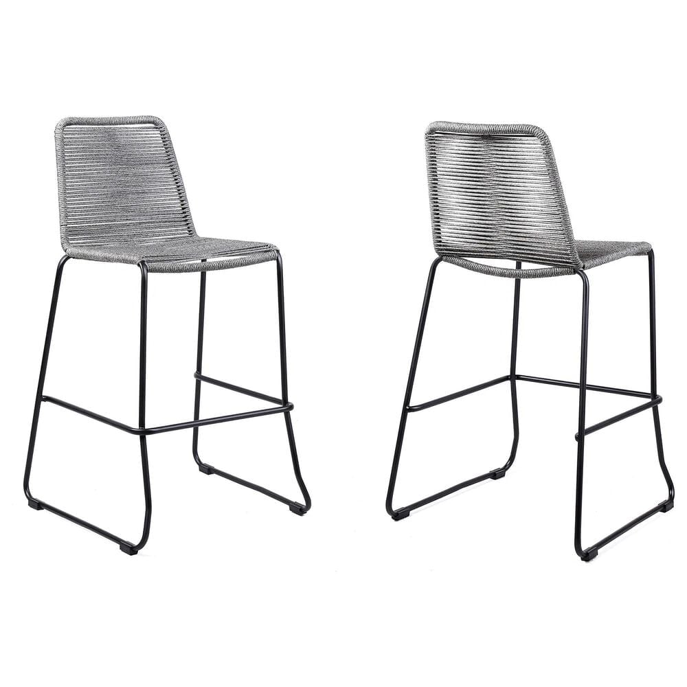 Armen Living Shasta Patio Bar Stool with Gray Rope Seat in Black (Set of 2), , large