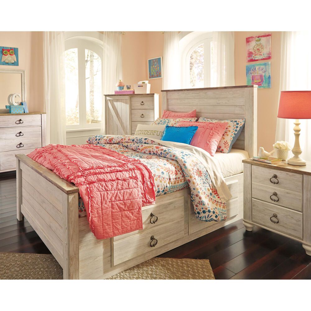 Ashley Willowton Full Panel Bed with 2 Storage Drawers in Whitewash, , large