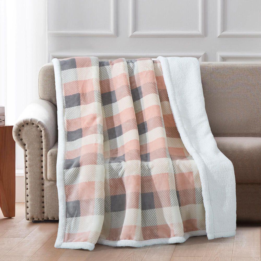 Duke Imports Flannel Sherpa Plaid Throw in Pink and Grey, , large