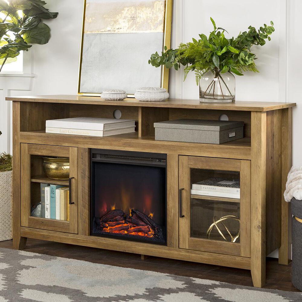 Walker Edison 58" Highboy TV Stand with Fireplace in Rustic Oak NFM