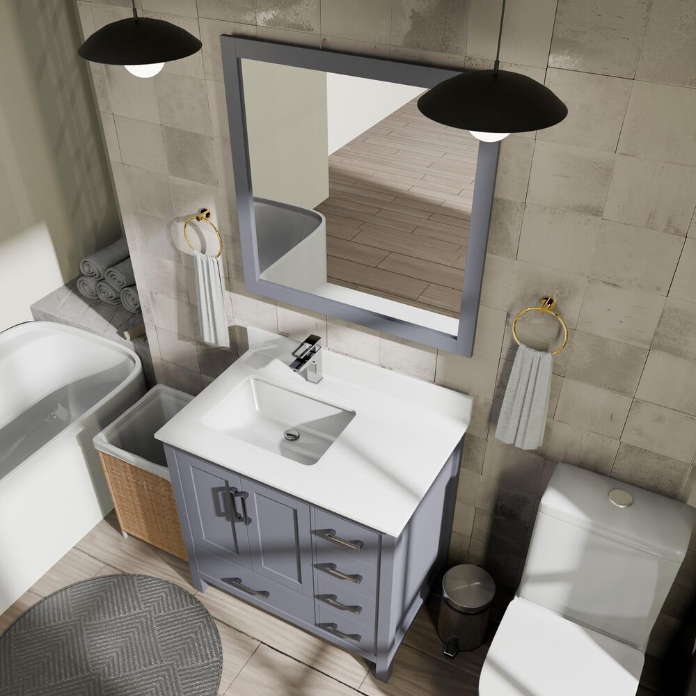 Lexora Home Jacques 36" Left Offset Single Bathroom Vanity in Dark Grey with 2 cm White Quartz Top and Rectangular Sink, , large