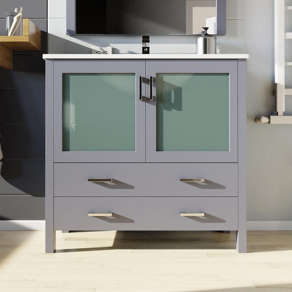 Lexora Home Volez 36&quot; Single Bathroom Vanity in Dark Grey with 2 cm White Ceramic Top and Rectangular Sink, , large