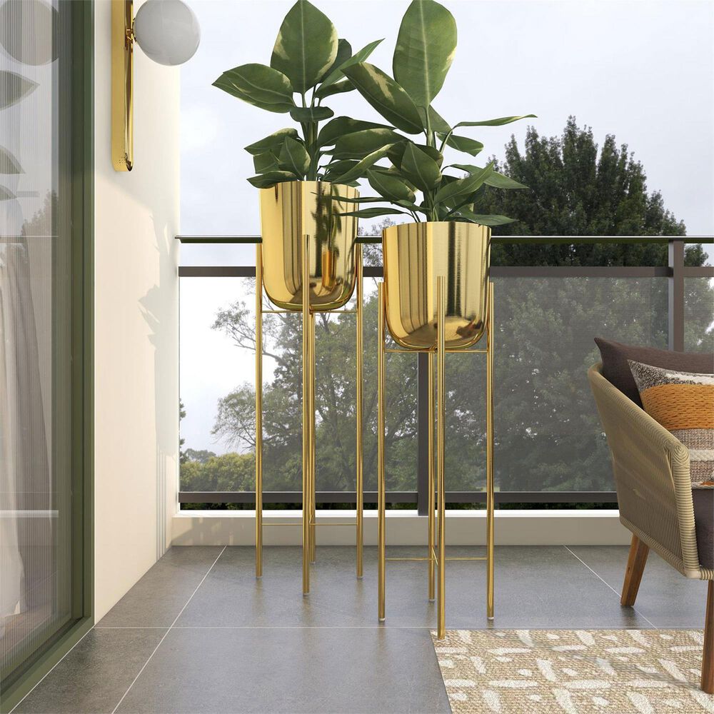 Maple and Jade Dome Indoor/Outdoor Planter with Removable Stand in Polished Gold &#40;Set of 2&#41;, , large