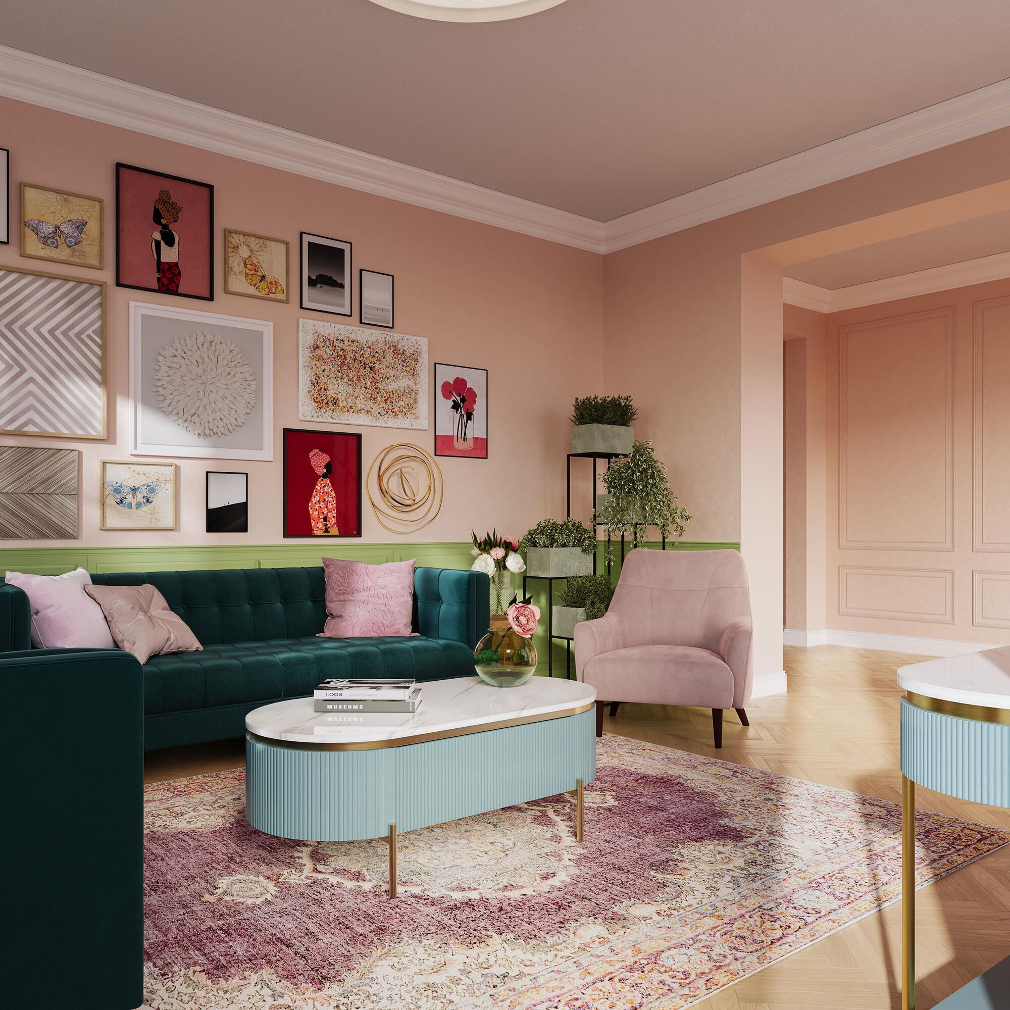 37B Koblenz Coffee Table in White, Light Teal and Gold