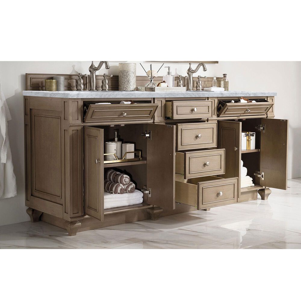James Martin Vanities Bristol 72&quot; Double Bathroom Vanity in Whitewashed Walnut with 3 cm Carrara White Marble Top and Rectangular Sinks, , large