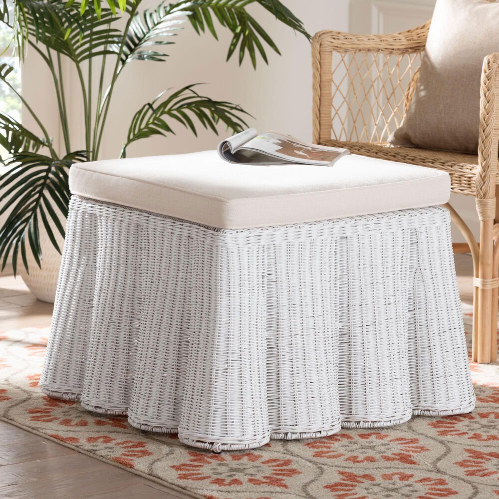 Baxton Studio Palm 27" Square Ottoman in White, , large