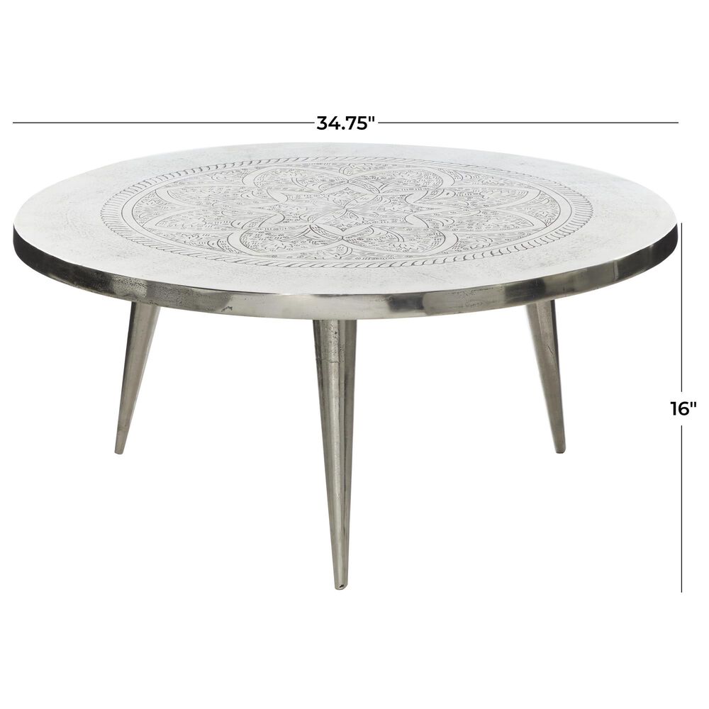 Maple and Jade Engraved Floral Living Room Coffee Table in Satin Silver, , large