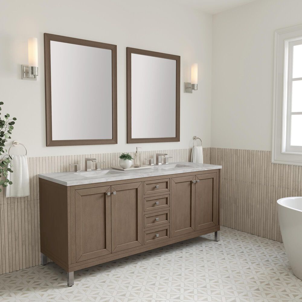 James Martin Vanities Chicago 72&quot; Double Bathroom Vanity in Whitewashed Walnut with 3 cm Victorian Silver Quartz Top and Rectangular Sinks, , large