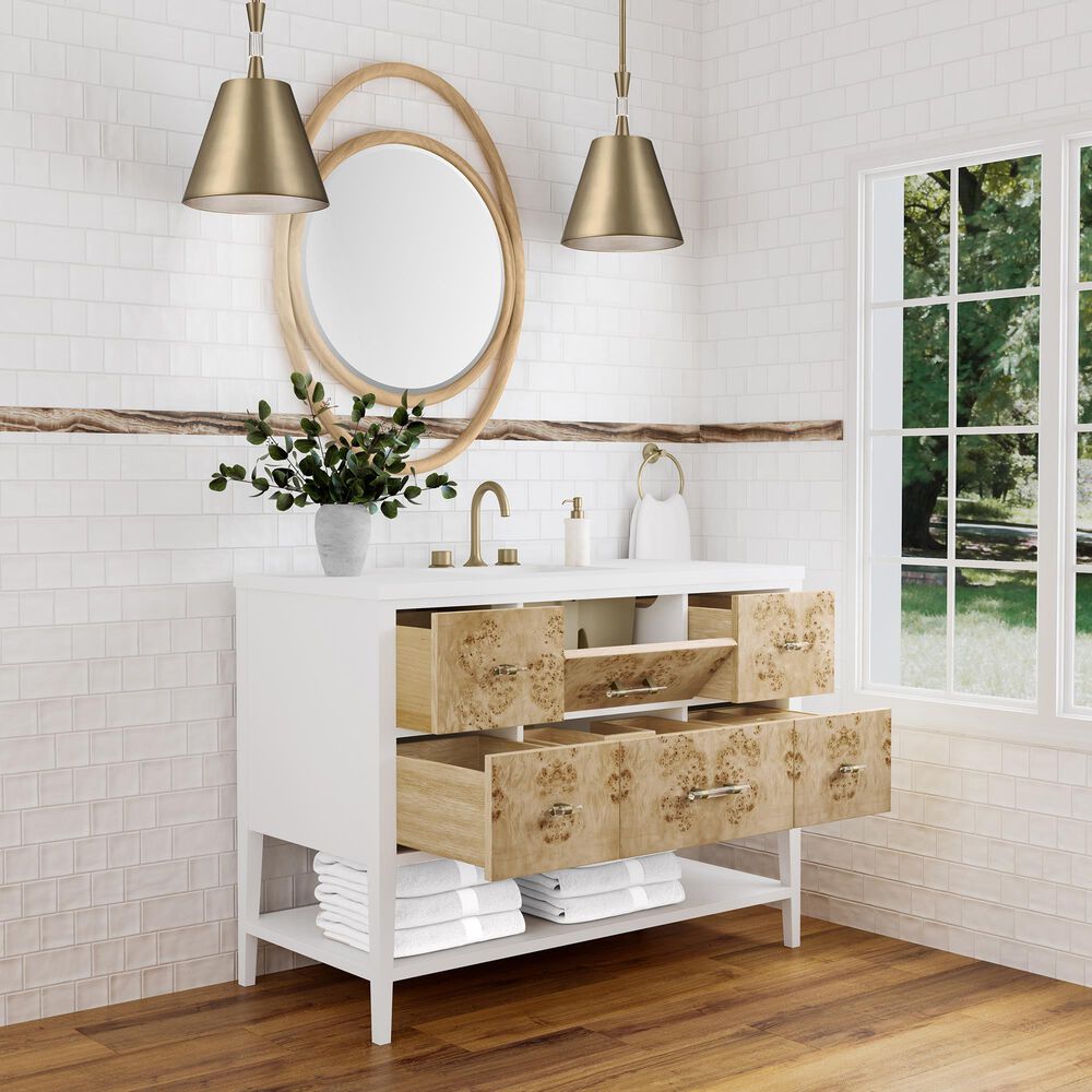 James Martin Vanities Olena 48&quot; Single Vanity in Light Mappa Burl and Polished White with 3 cm White Zeus Quartz Top, , large
