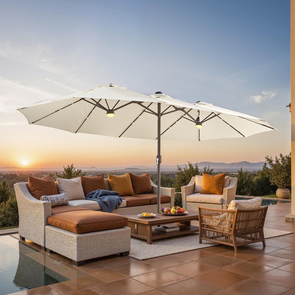 HOMLUX 15' Double-Sided Outdoor Market Umbrella with Sandbag Base and White LED Beads in White, , large