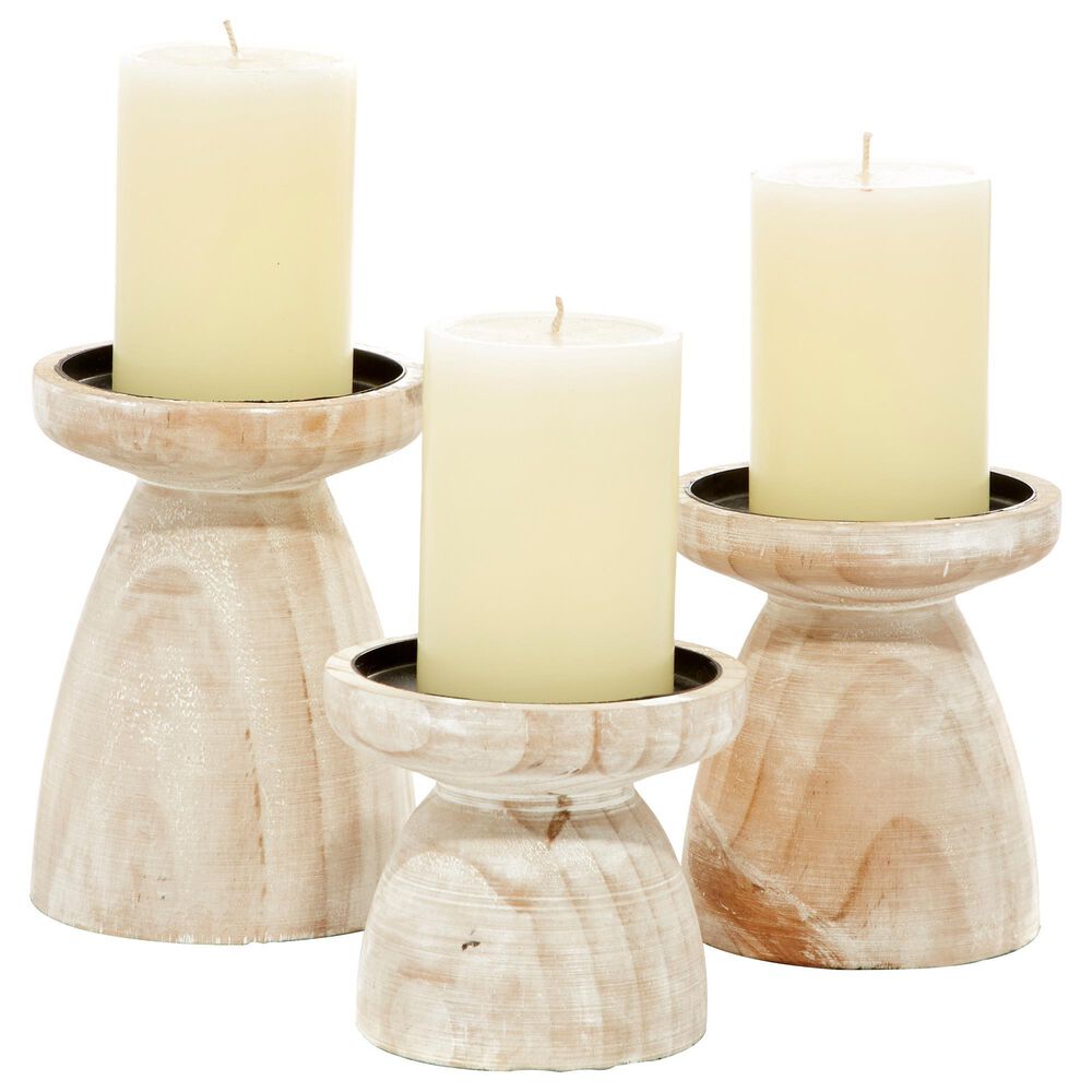 Maple and Jade 6&quot; Coastal Candle Holder in Brown and White Washed &#40;Set of 3&#41;, , large