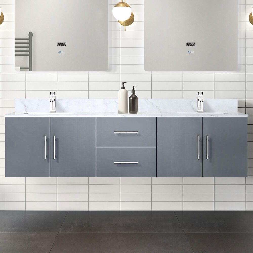 Lexora Home Geneva 72&quot; Double Bathroom Vanity in Dark Grey with 2 cm White Carrara Marble Top and Rectangular Sinks, , large