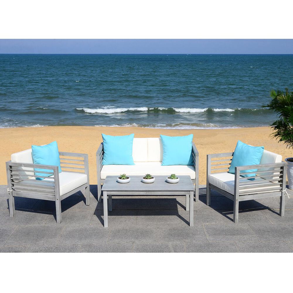 Safavieh Alda 4-Piece Outdoor Set with Accent Pillows in Grey Wash, White, Light Blue, , large