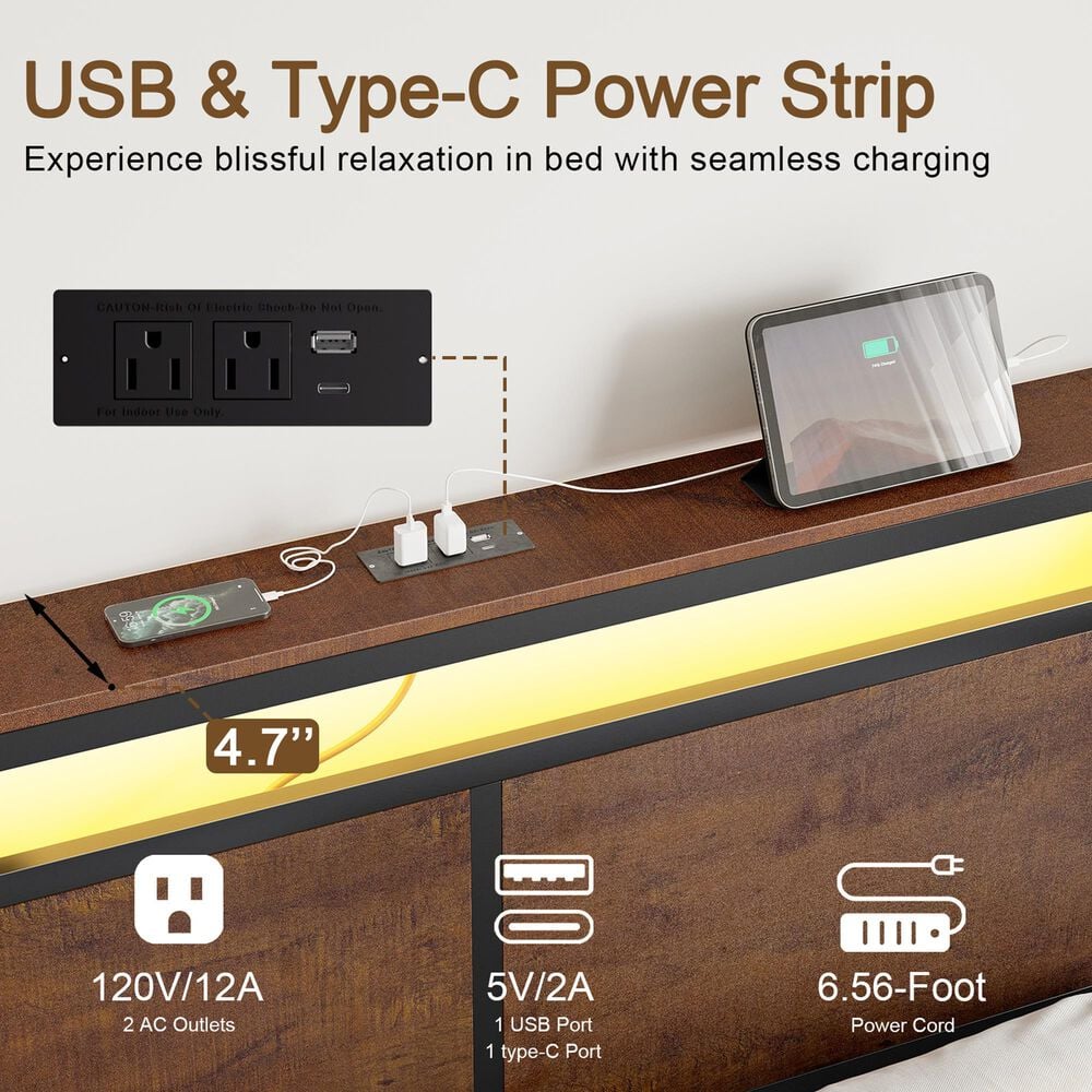 HOMLUX 4-Drawer Queen Storage Bed with LED Headboard and Charging Station in Rustic Brown, , large