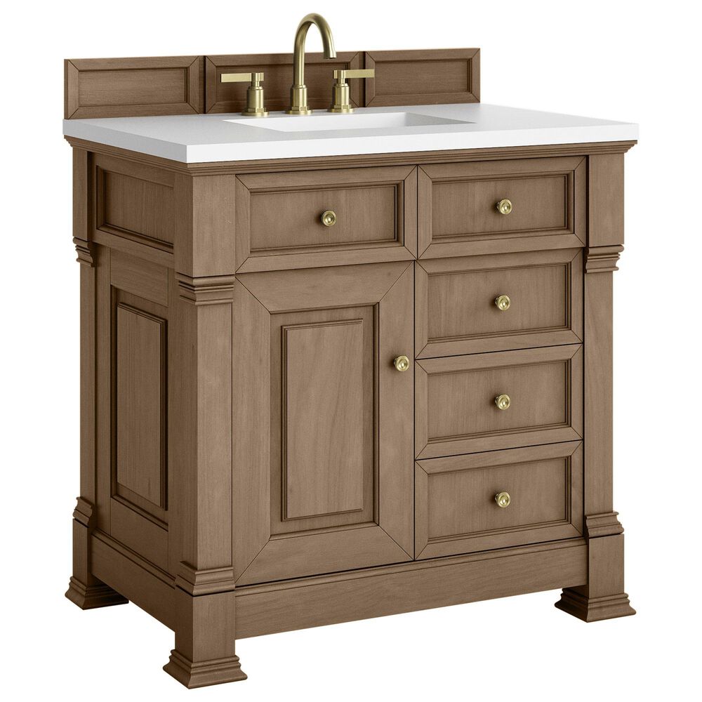 James Martin Vanities Brookfield 36" Single Bathroom Vanity in Pecan with 3 cm White Zeus Quartz Top and Rectangular Sink, , large