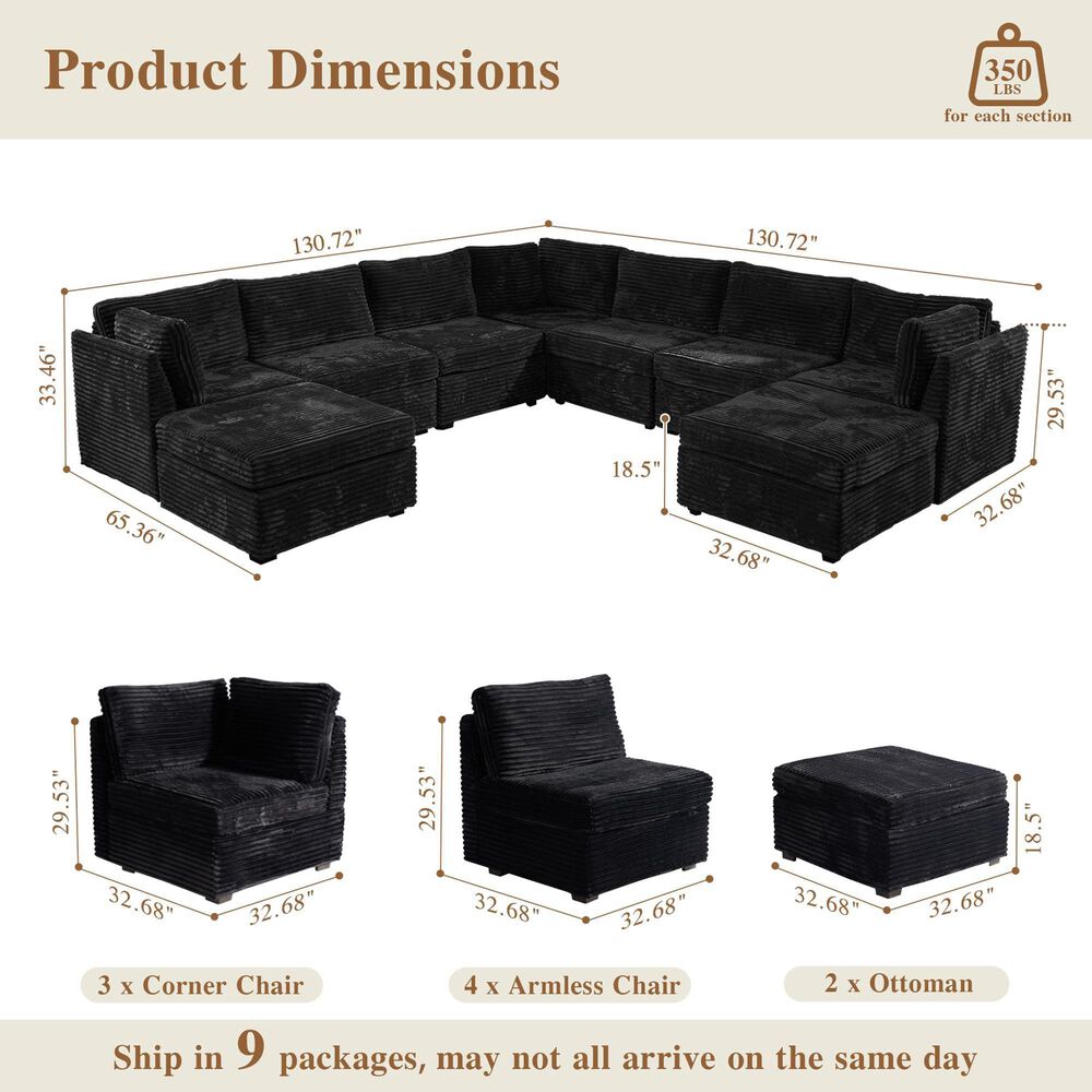 HOMLUX 9-Piece Mod L-Sectional with Chaise in Black, , large