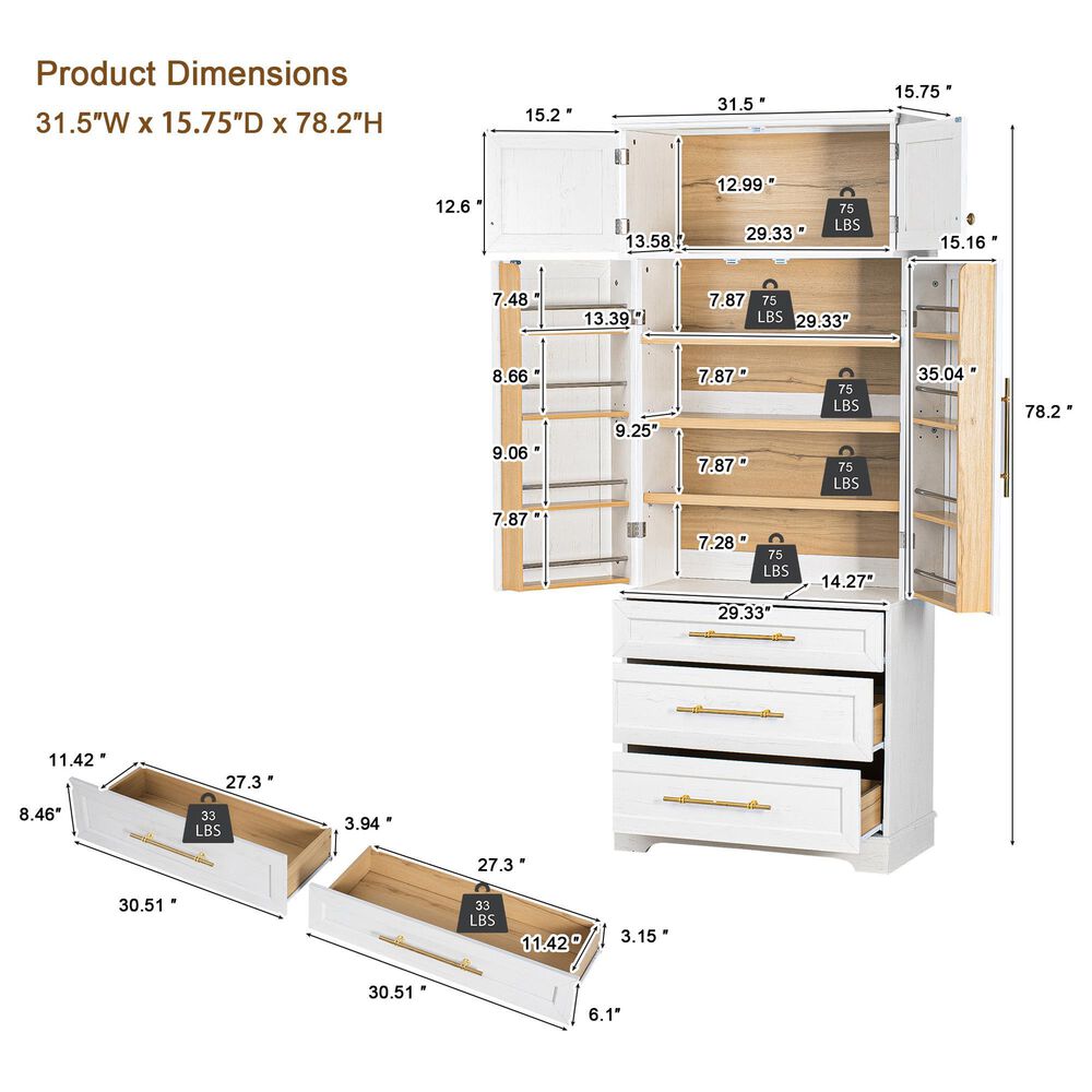 HOMLUX HOMLUX 78.2" Tall Farmhouse Kitchen Pantry Cabinet with 8 Door Shelves, Storage Cabinet with 3 Adjustable Shelves, 3 Large Drawers, Versatile Cupboard for Kitchen, Dining &amp; Bathroom, Retro White, , large