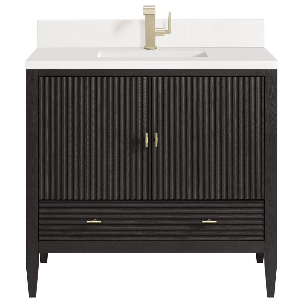 James Martin Vanities Myrrin 36" Vanity in Carbon Oak with Single Hole and 3 cm White Zeus Quartz Top & Backsplash, , large