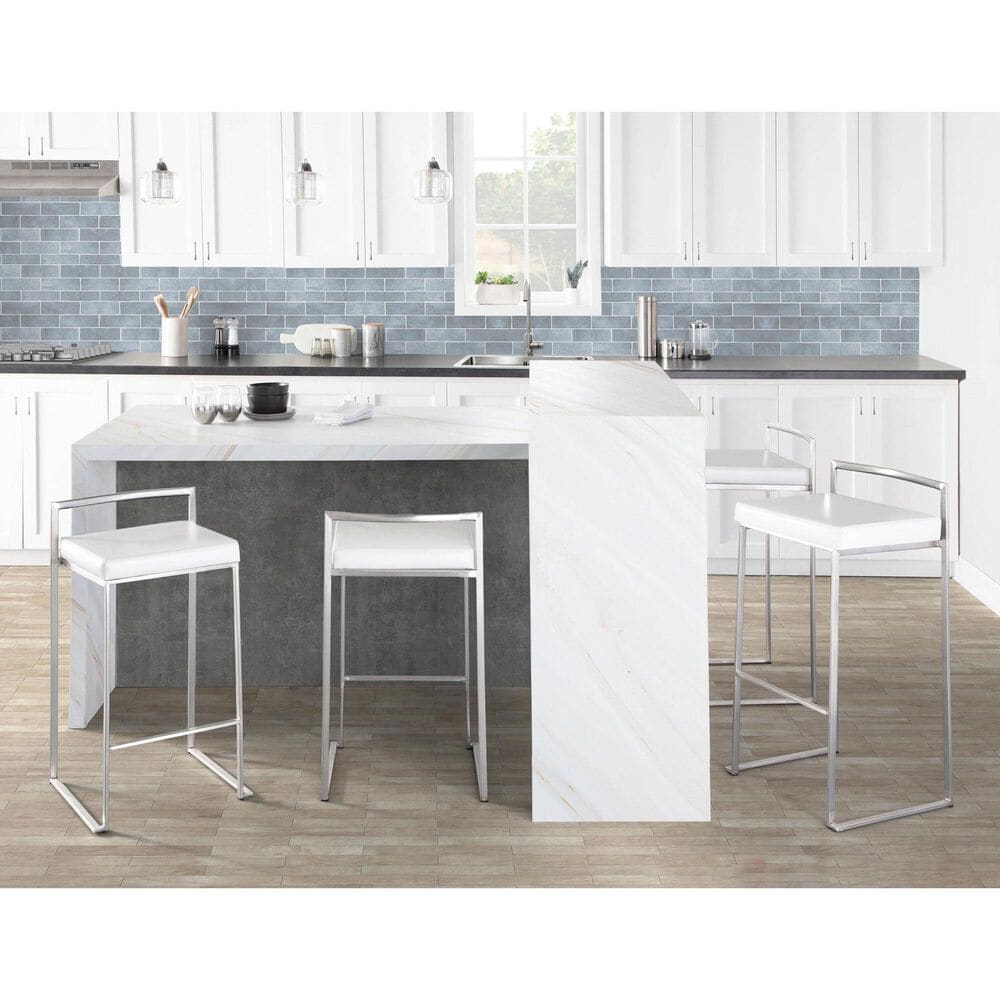 Lumisource Fuji Stackable Counter Stool with White Faux Leather in Brushed Stainless Steel &#40;Set of 2&#41;, , large