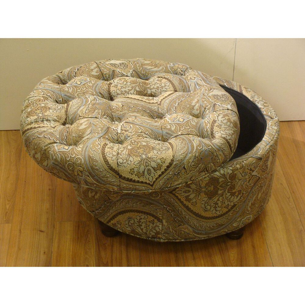 Kinfine Button Tufted Storage Ottoman in Brown and Teal Paisley, , large