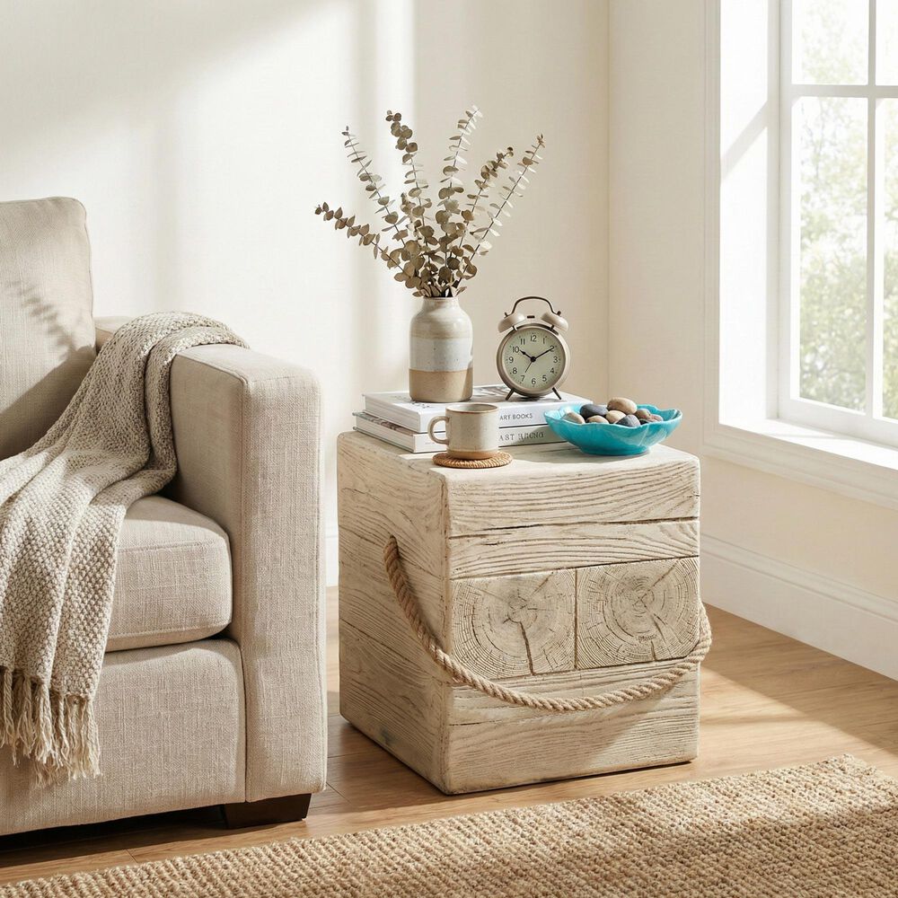 Hearth and Haven Outdoor Square Side Table with Simulated Braided Cord in Wood Brown, , large