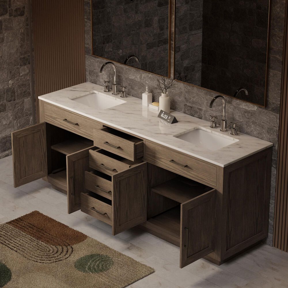 Lexora Home Abbey 80&quot; Double Bathroom Vanity in Grey Oak with 2 cm White Carrara Marble Top and Rectangular Sinks, , large
